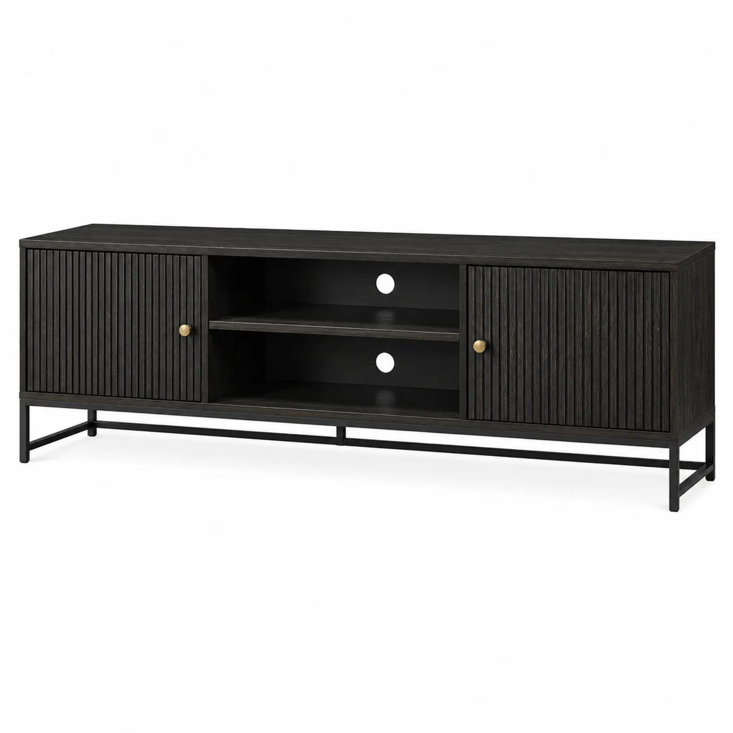 Mueble de TV de Madera Maciza Negro con Base Metálica 180x40x50 cm