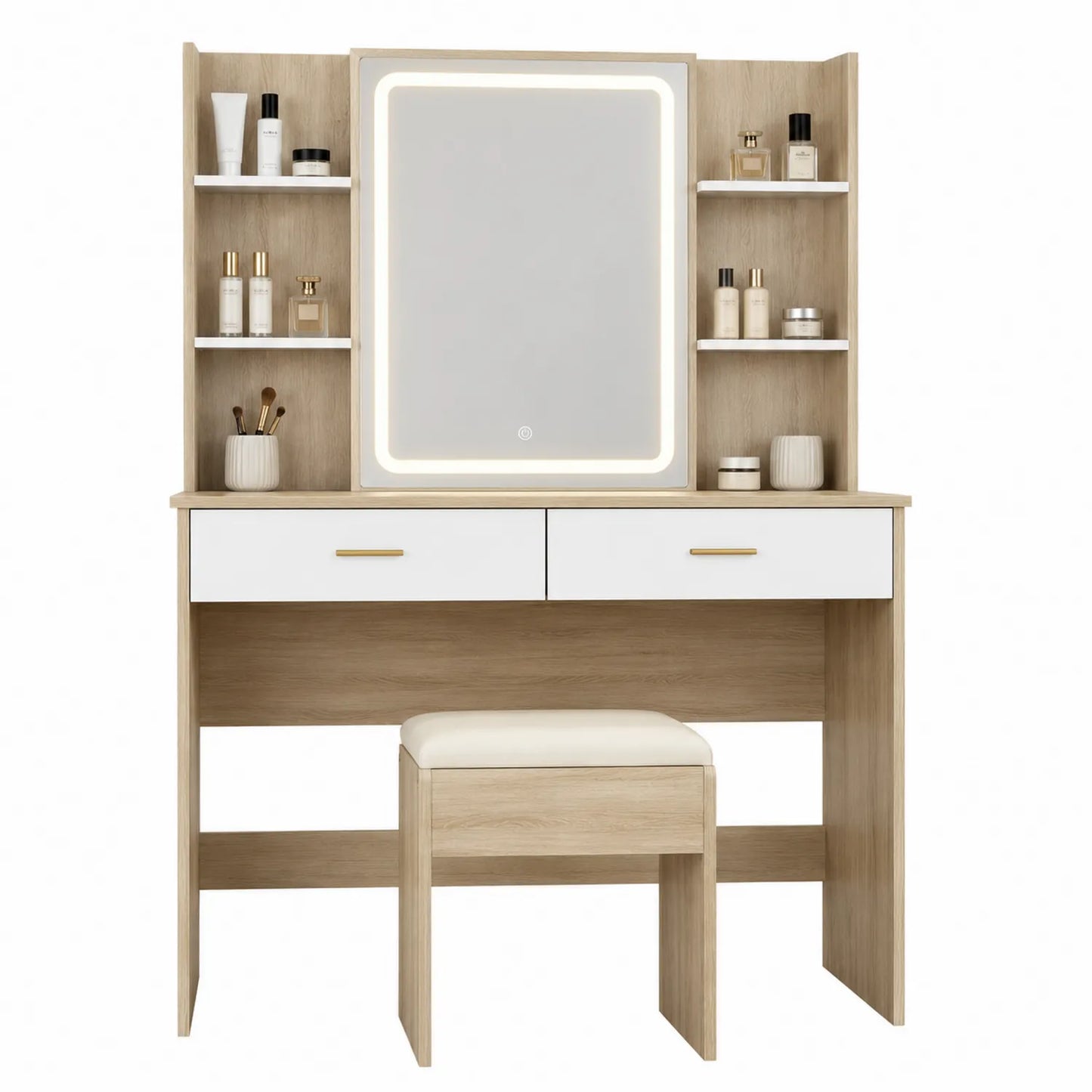 Tocador de madera con espejo LED y taburete beige