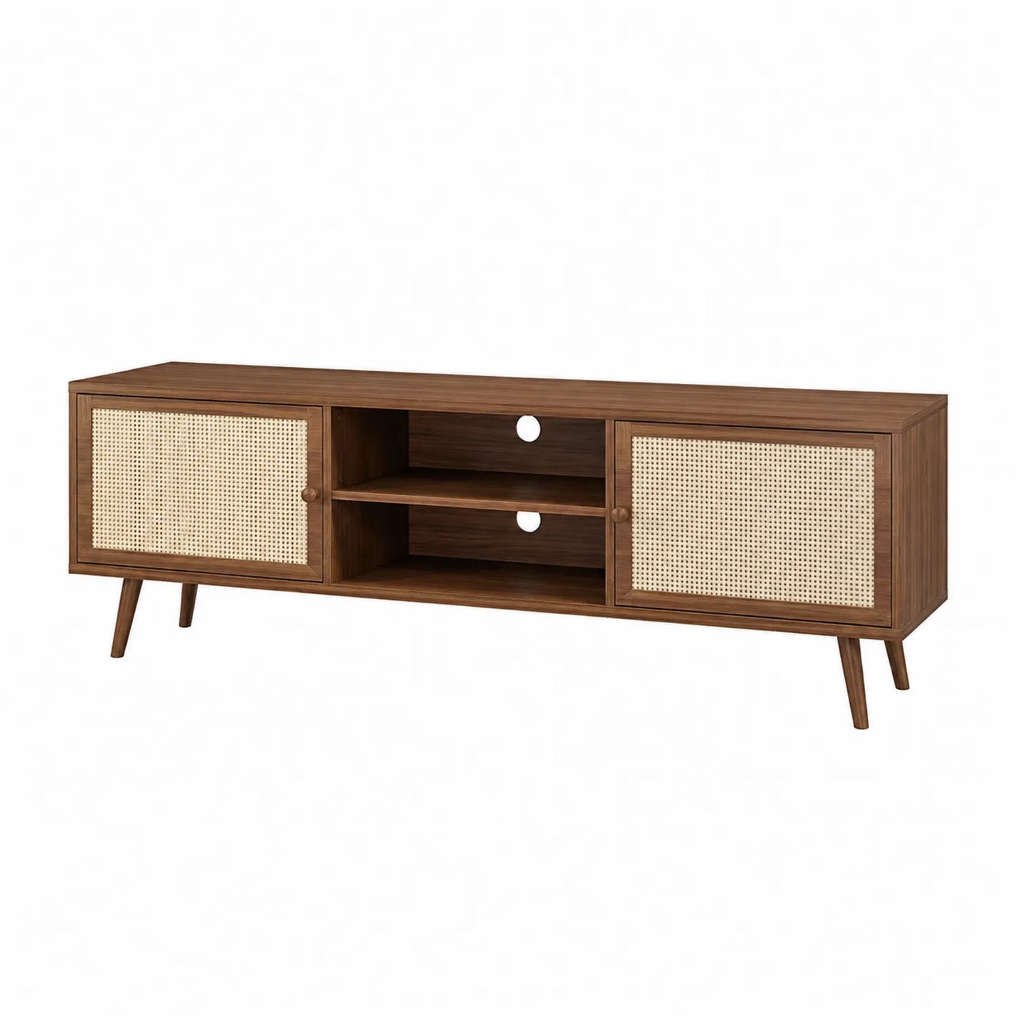 Mueble para TV de madera con puertas de ratán marrón