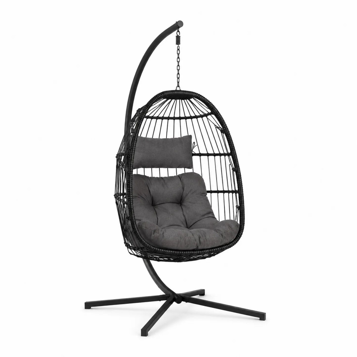 Silla Colgante de Ratán Sintético con Cojines y Estructura de Acero Negra