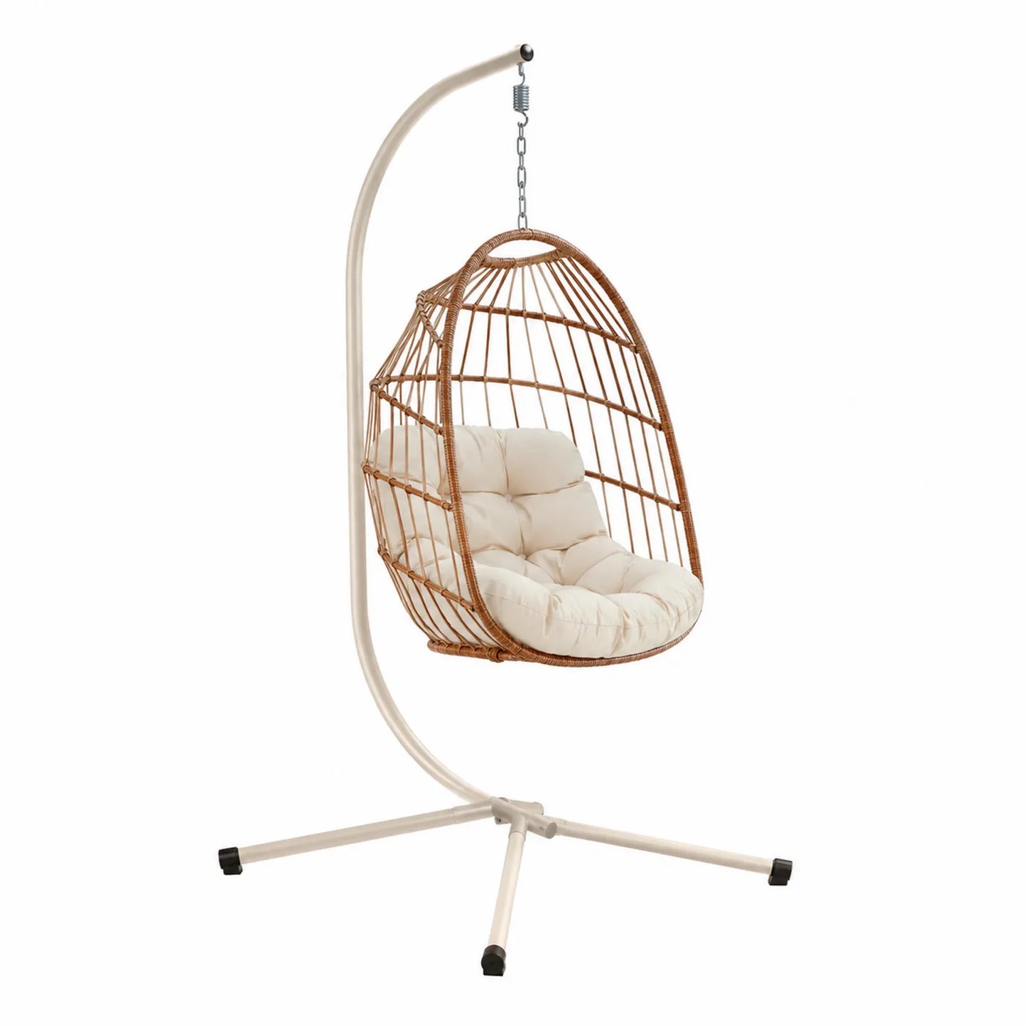 Silla colgante de ratán con cojín crema y soporte de acero