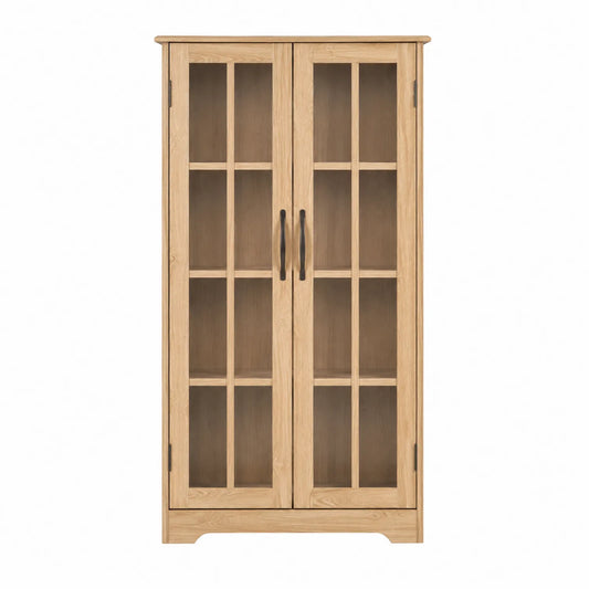 Librería de madera maciza con puertas de vidrio templado 180x80x35 cm Roble