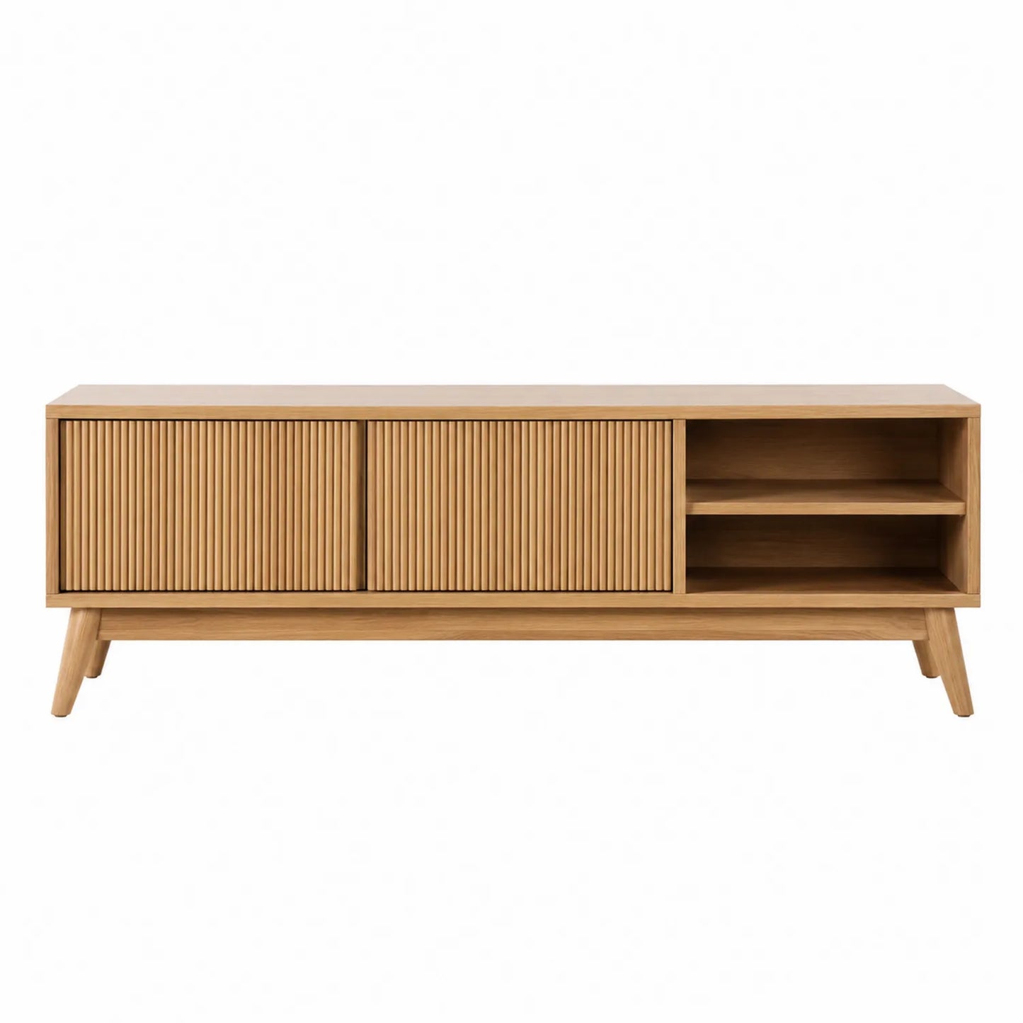 Mueble de TV de madera de haya con puertas correderas y estanterías