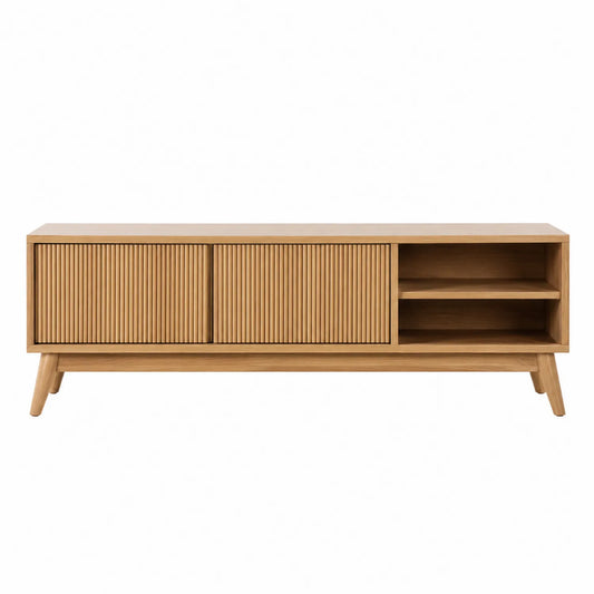Mueble de TV de madera de haya con puertas correderas y estanterías