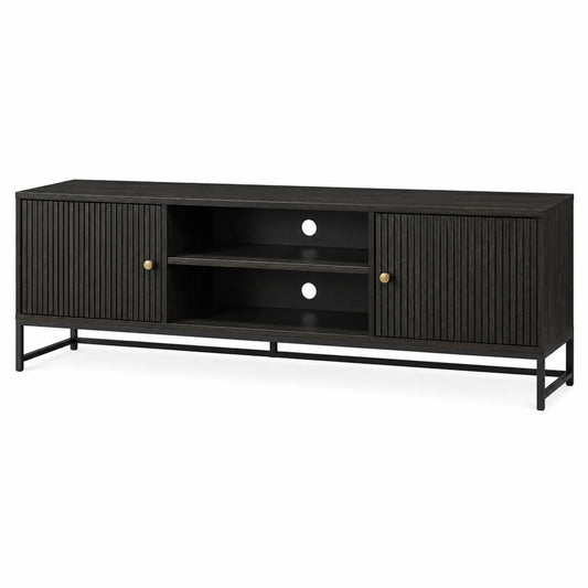 Mueble de TV de Madera Maciza Negro con Base Metálica 180x40x50 cm