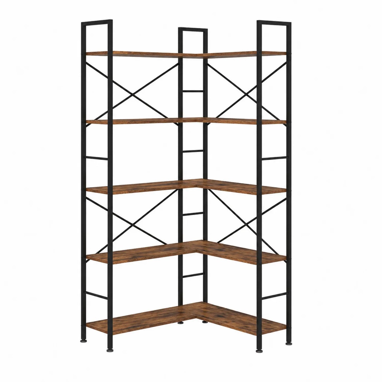 Estantería de esquina de madera y metal marrón y negro