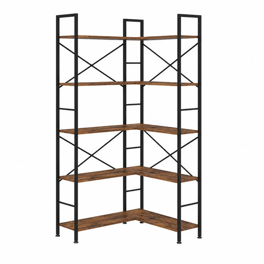 Estantería de esquina de madera y metal marrón y negro