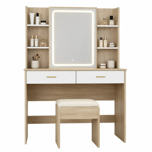 Tocador de madera con espejo LED y taburete beige
