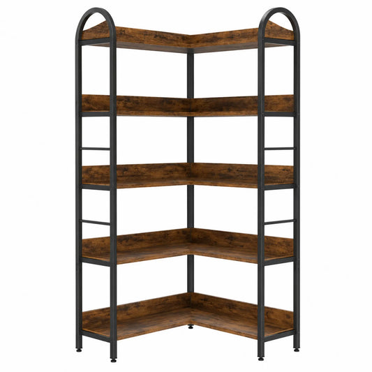 Estantería de esquina de metal y madera 5 niveles 180x90x35 cm Marrón/Negro