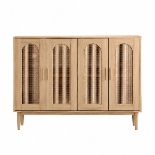 Aparador de madera de roble y ratán con 4 puertas beige
