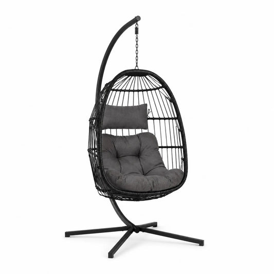 Silla Colgante de Ratán Sintético con Cojines y Estructura de Acero Negra