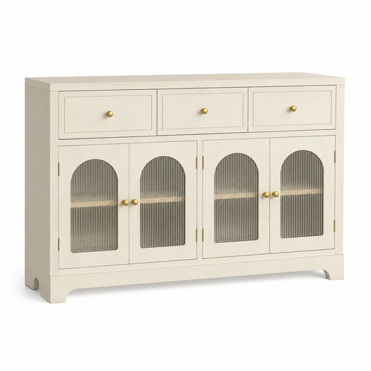 Aparador de madera maciza con puertas de vidrio acanalado