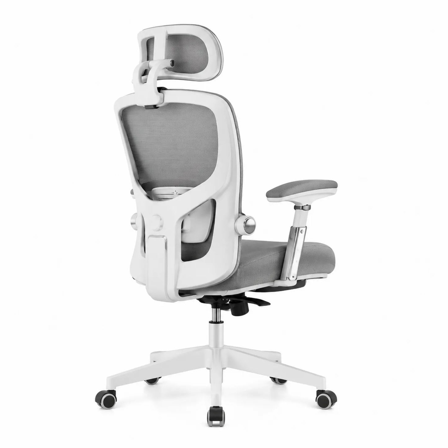 Silla de oficina ergonómica de malla gris con soporte lumbar y reposacabezas ajustable
