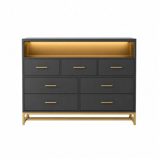 Cómoda de Madera y Metal con 7 Cajones Negro/Oro 120x40x90 cm